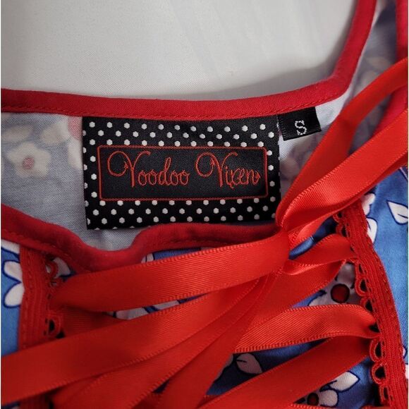 VOODOO VIXEN dress blue daisy floral corset lace up circle pinup S - Picture 4 of 14